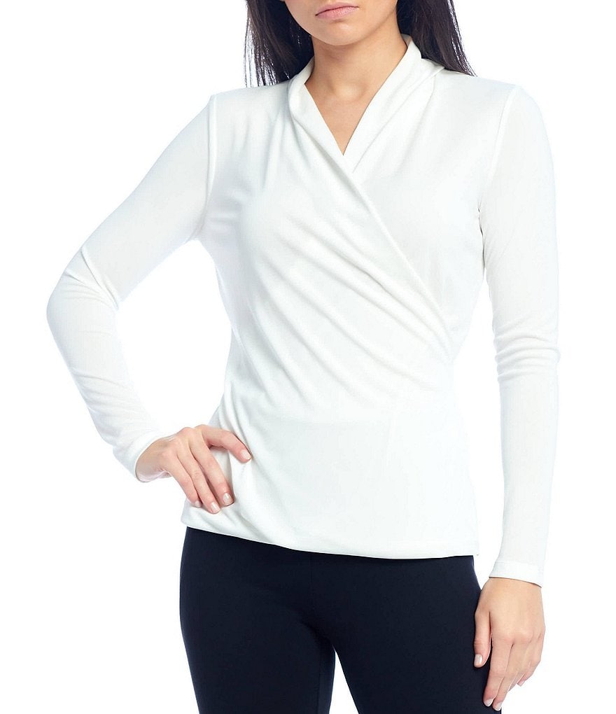 Donna Karan New York Classic Faux Wrap Crepe Jersey V-Neck Long Sleeve Top
