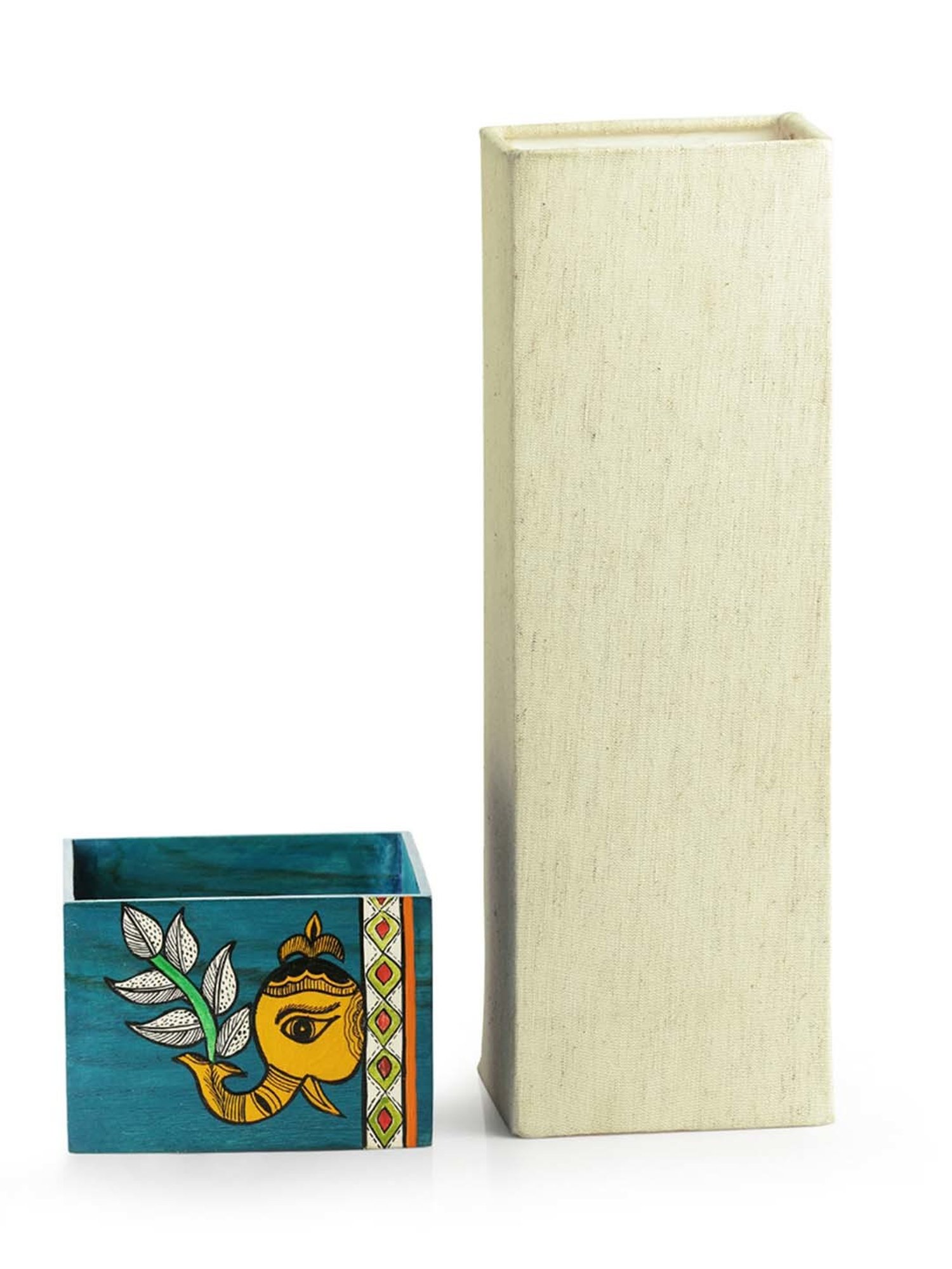 ExclusiveLane 'The Blueberry Elephant' Madhubani Hand-Painted Square Table Lamp In Wood