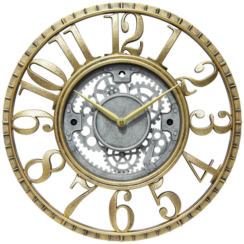 Infinity Instruments 20031GS Decorative Industrial Weathered Gear 15.5 Inch Diameter Quartz Battery Wall Clock, Gold Case, Silver Face, & Gold Hands