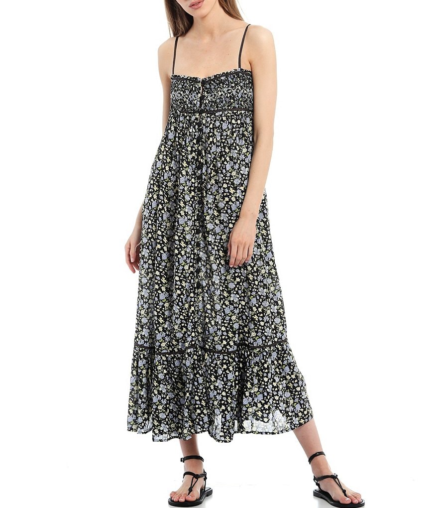 Free People Molly Jo Floral Print Sweetheart Neck Contrast Trim Sleeveless Ruffle Hem Button Front Midi Dress