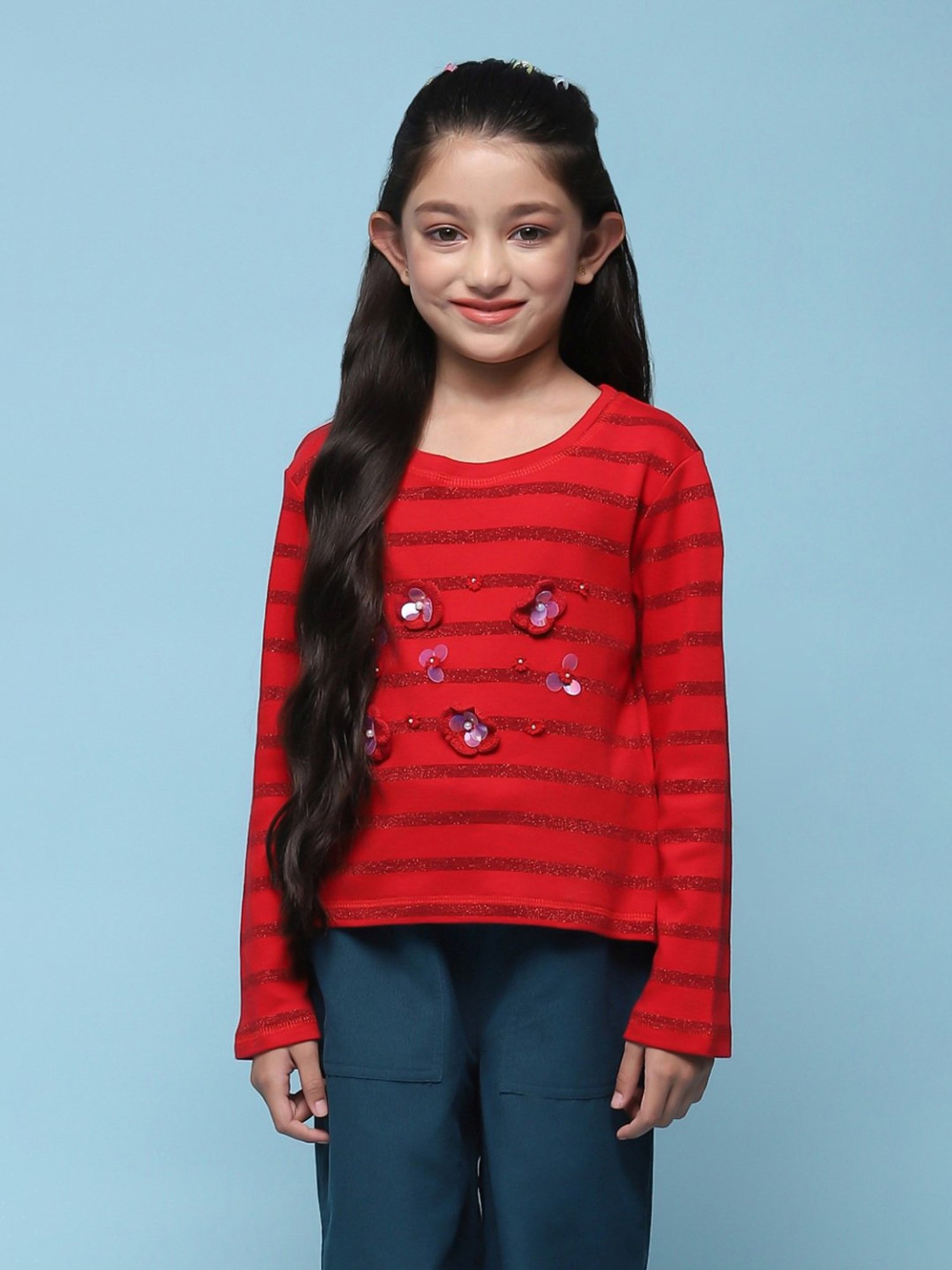 BIBA Girls Kids Red Cotton Applique Full Sleeves Top