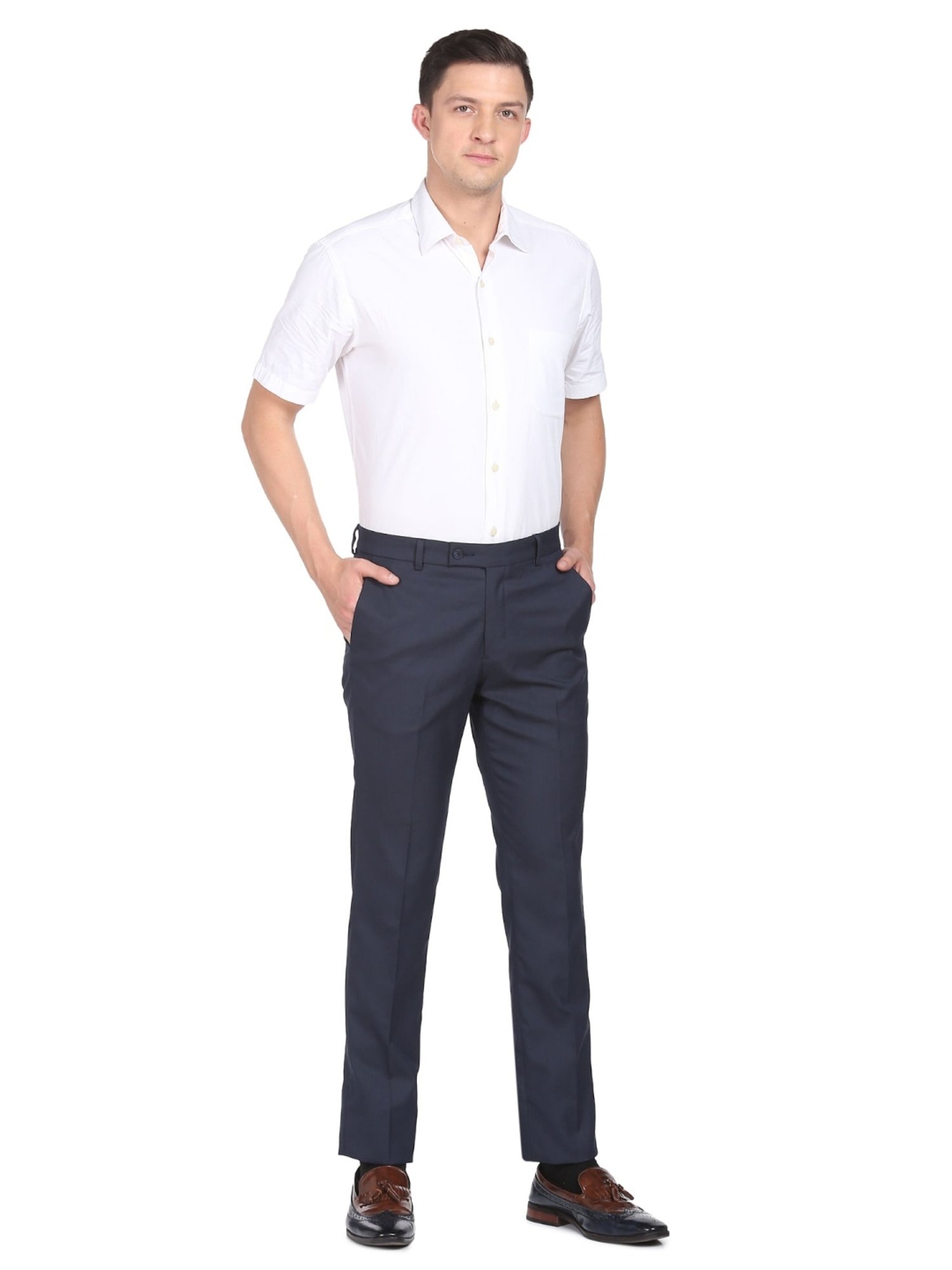 Arrow Navy Regular Fit Self Pattern Trousers