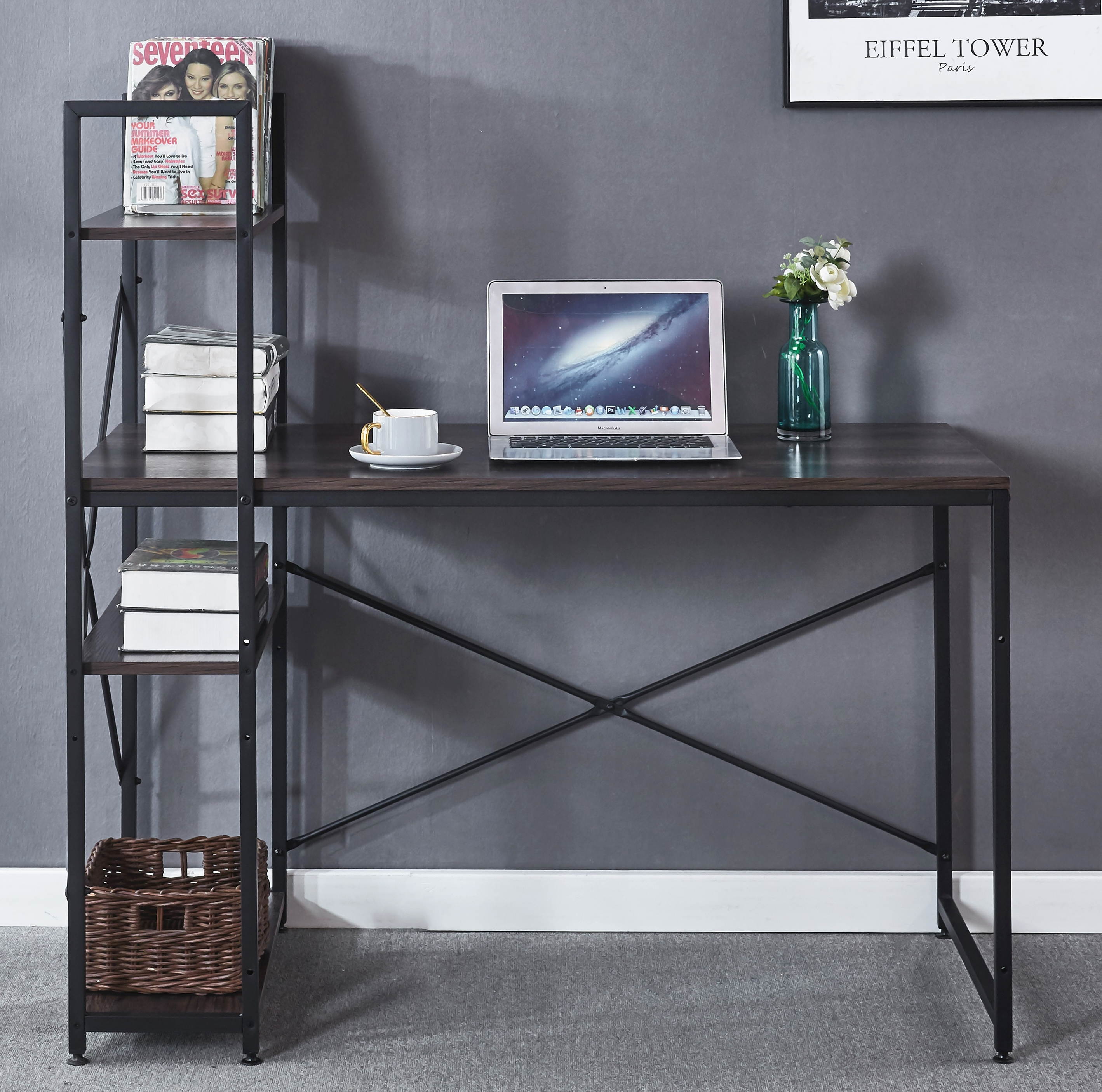 Computer Desk 47 inch with Storage Shelves Study Writing Table for Home Office,Modern Simple Style, Black