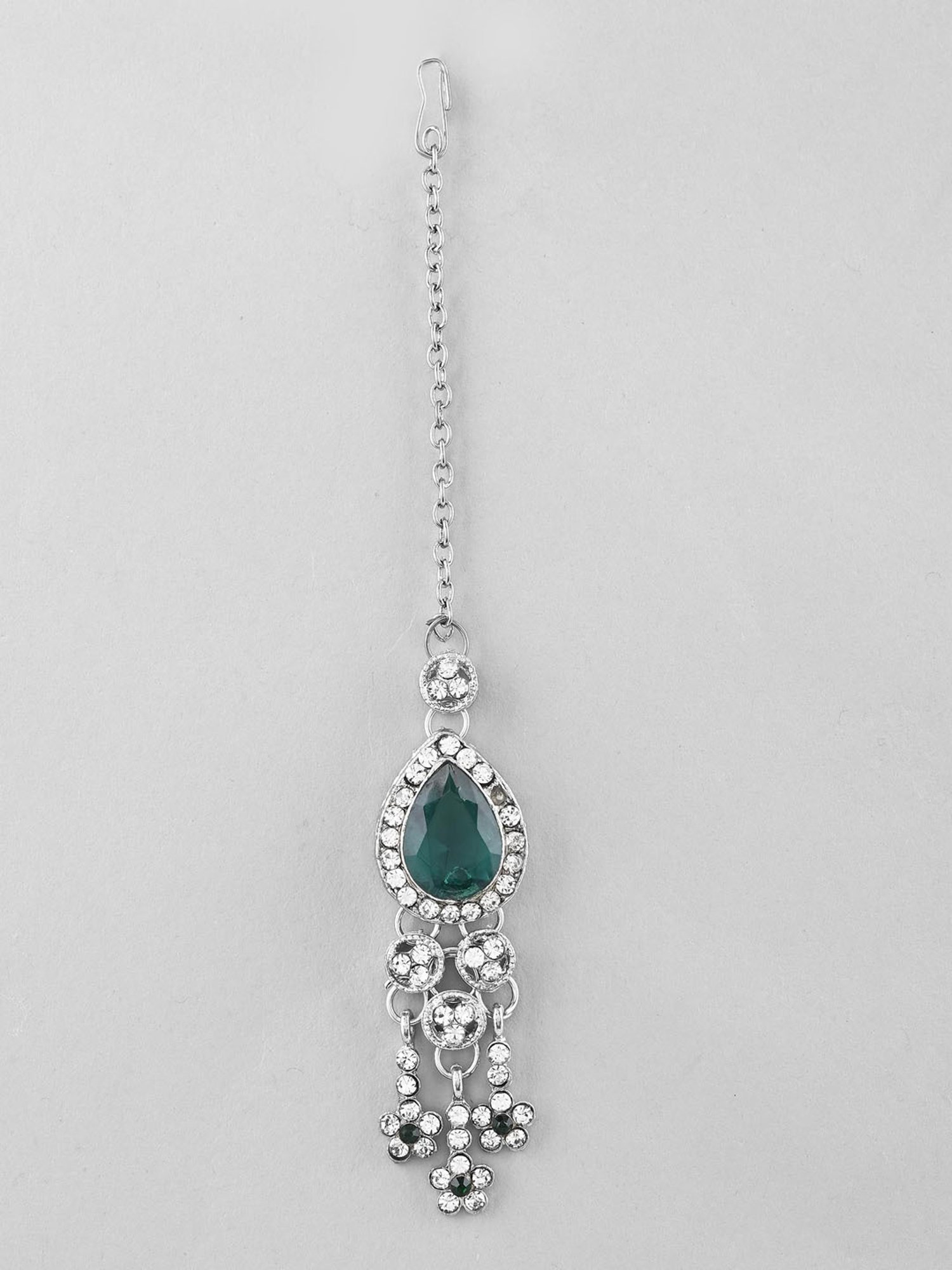 VOJ Silver Plated Cz-Stone Studded with Green Stone Choker Set with Mangtikka for Women