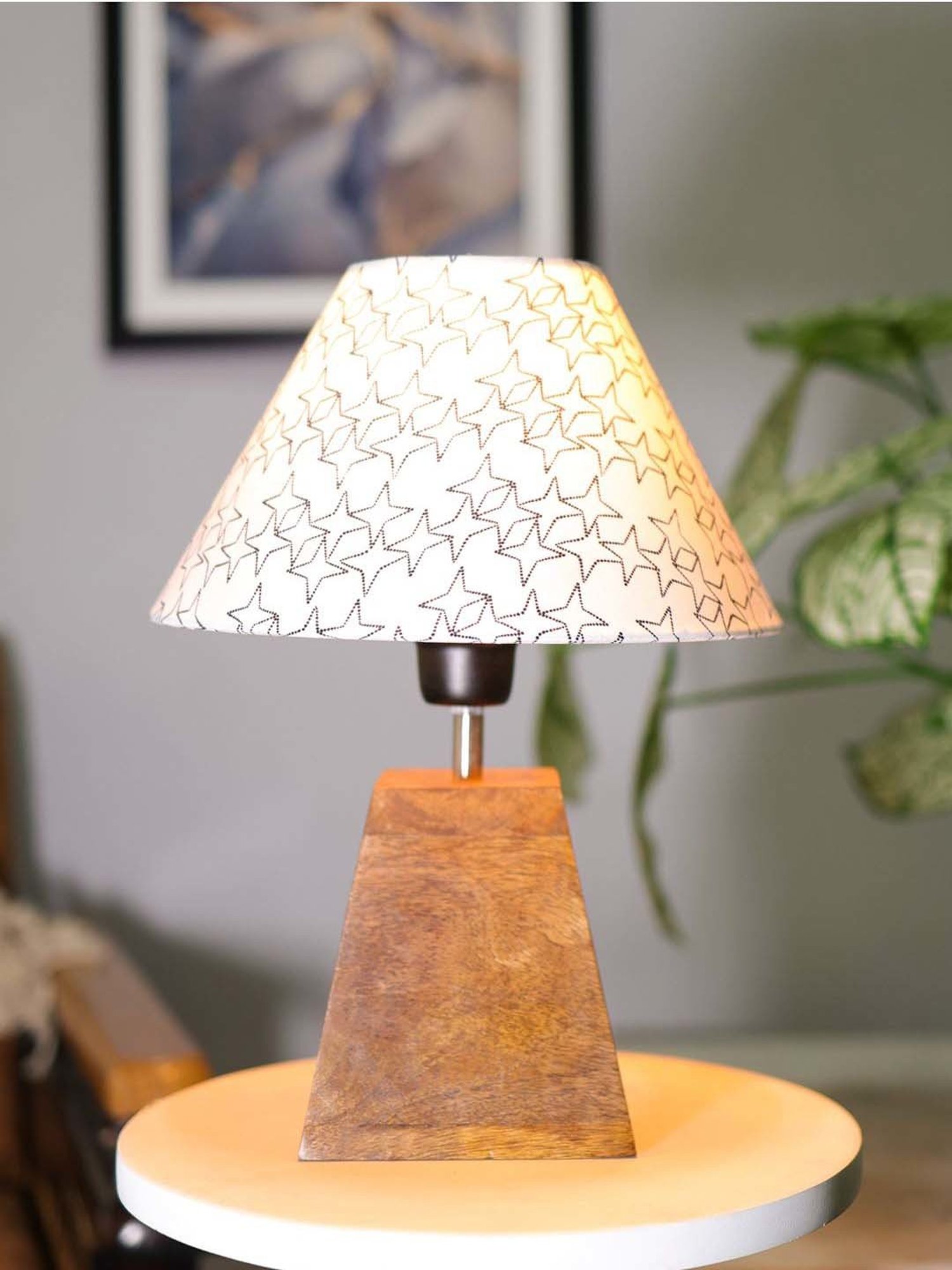 Homesake Cone Star White Wood Pyramid Table Lamp with Fabric Lampshade