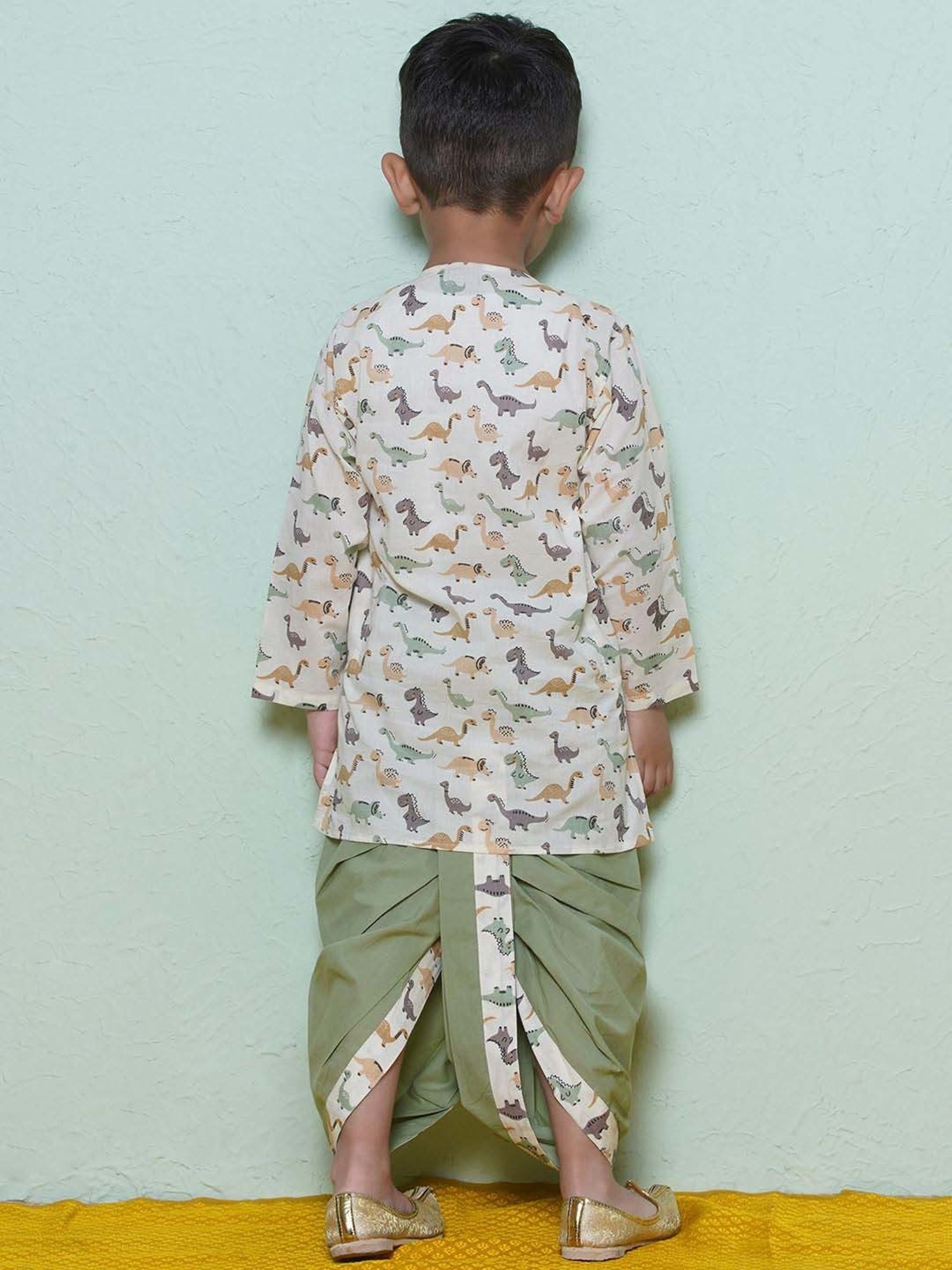 AJ Dezines Kids White & Pista Green Cotton Printed Full Sleeves Kurta Set