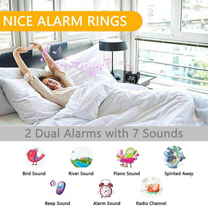 Digital Alarm Clock with FM Radio Dual USB Charging Ports Temperature Detect Dual Alarms Snooze 5Level Brightness Dimmer Batteries Operated for Bedroom Small Sleep Timer