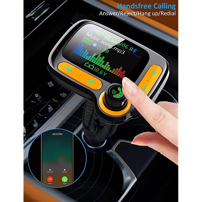 FM Transmitter Car Adapter,Support Wireless Handsfree Call and MP3 Music/APP Audio Play,1.8" Color Screen,3 USB Charger,3.5mm AUX Port,Compatible with iPhone,iPad,Samsung and More