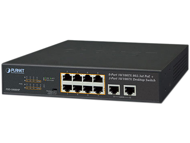 PLANET FSD-1008HP 8-Port 10/100TX 802.3at PoE + 2-Port 10/100TX Desktop Switch (120 watts)