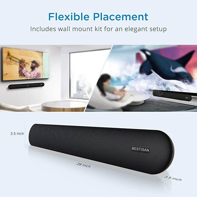 BESTISAN 80 Watts TV Sound Bar Home Theater Speaker with Dual Connection Way Bluetooth 50 MovieMusicDialogue Audio Mode Enhanced Bass Technology Bass Adjustable Wall Mountable