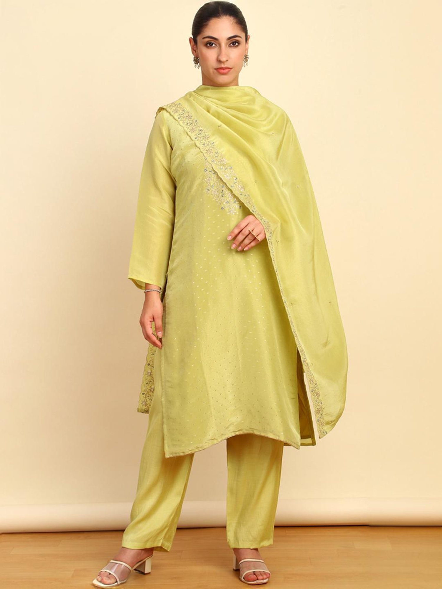 Soch Womens Light Green Silk Blend Embroidered Unstitch Dress Material With Sequins