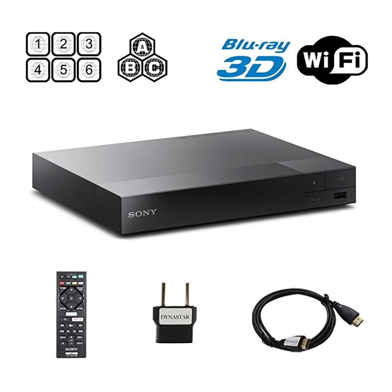 Sony BDP-S3700 Region Free Blu-ray Player, Multi Region Smart WiFi 110-240 Volts, 6FT HDMI Cable &  Plug Adapter Bundle Package