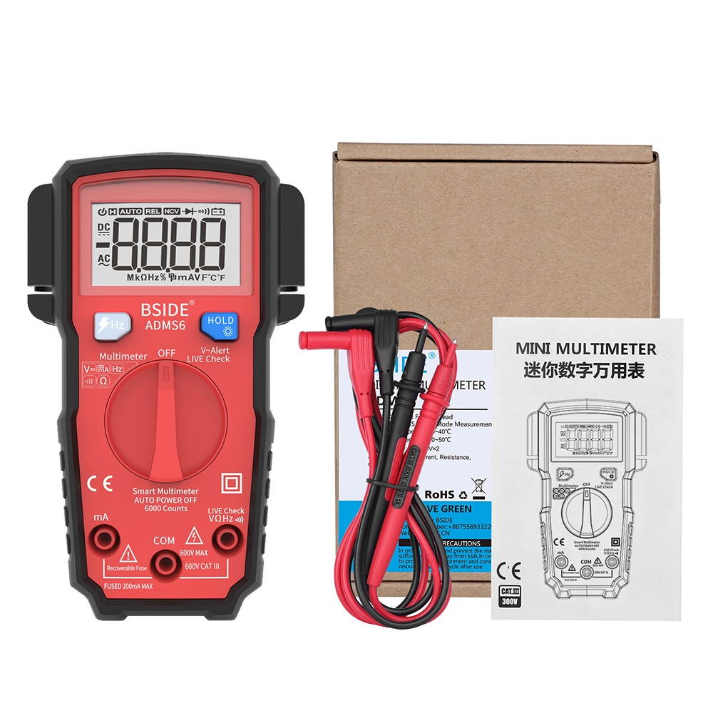 BSIDE Digital Multimeter 6000 Counts LCD Display True RMS Mini Universal Meter DMM Tester Auto-ranging Smart Multimeter Measure AC/DC Voltage Current Resistance Frequency