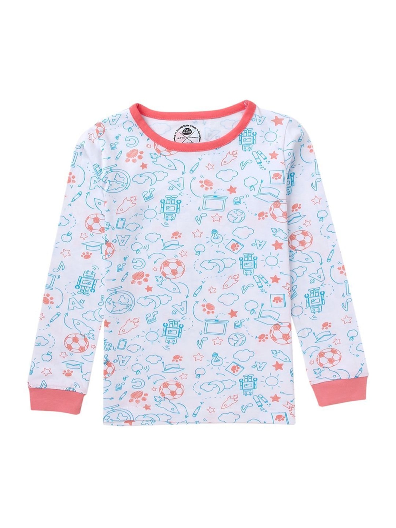 Cub McPaws Girls Off-White & Blue Cotton Printed Full Sleeves T-Shirt Set