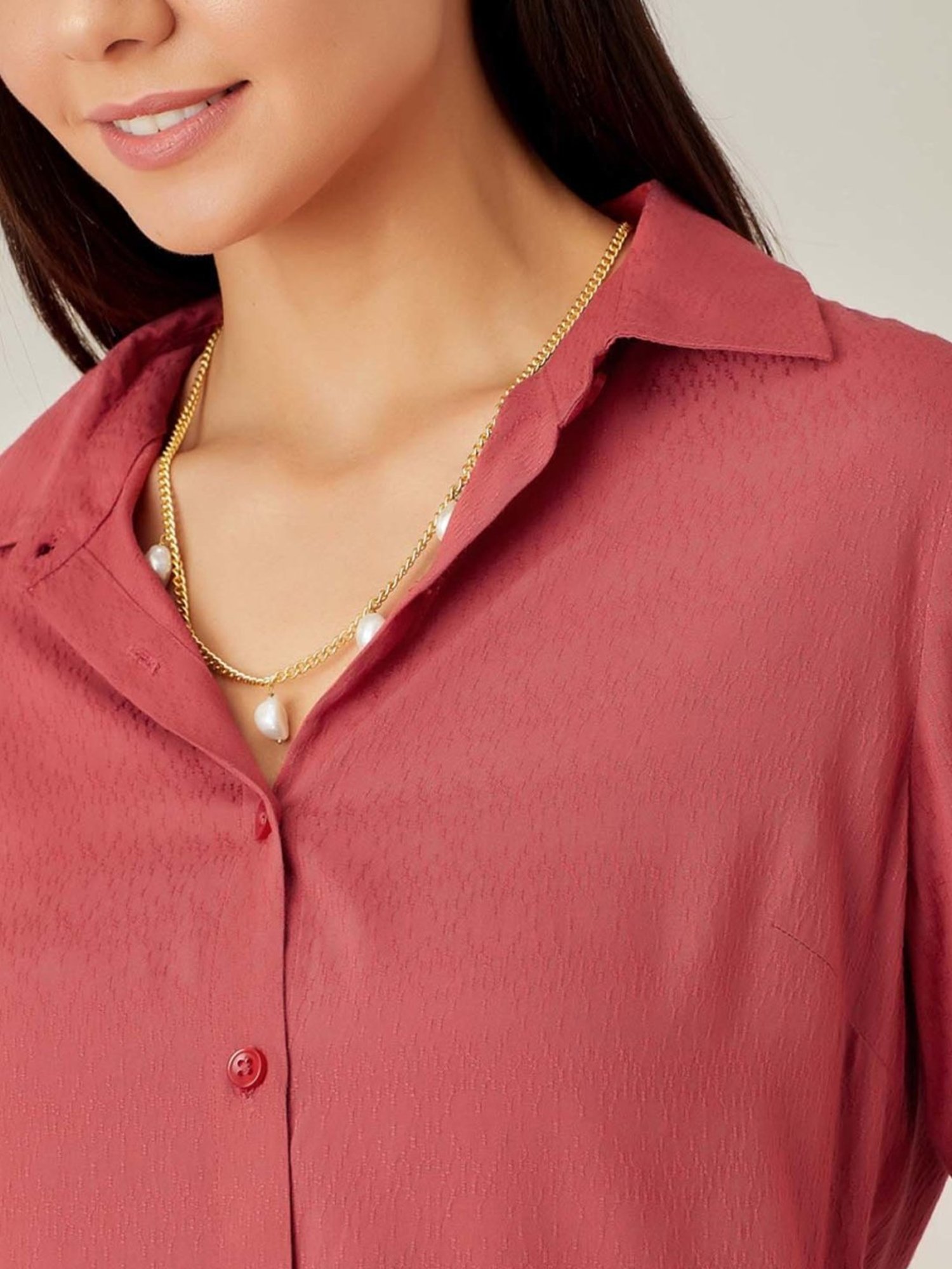 Qua Brick Red Textured Dobby Shirt