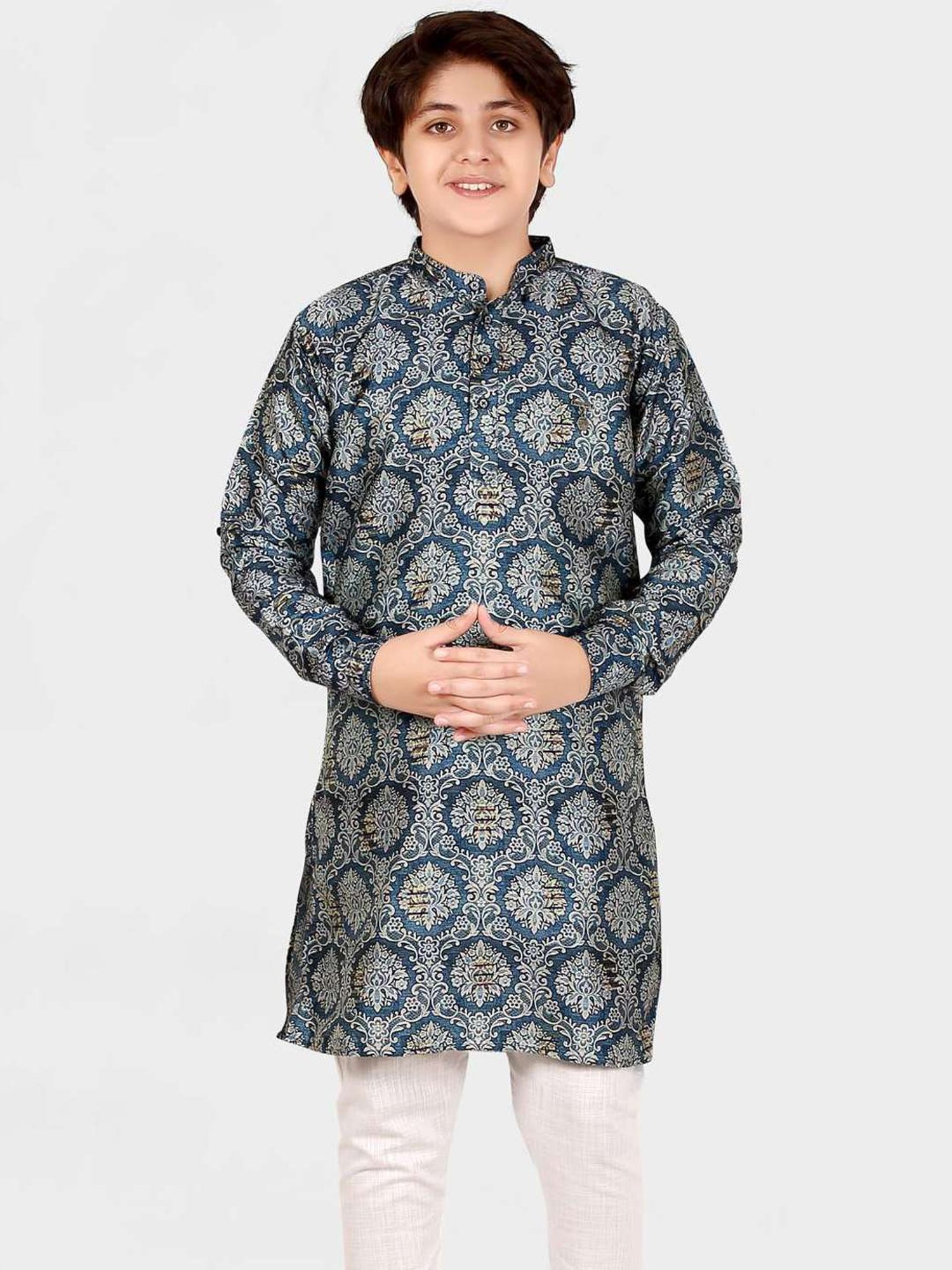 Cavio Kids Blue & White Cotton Printed Full Sleeves Kurta Set