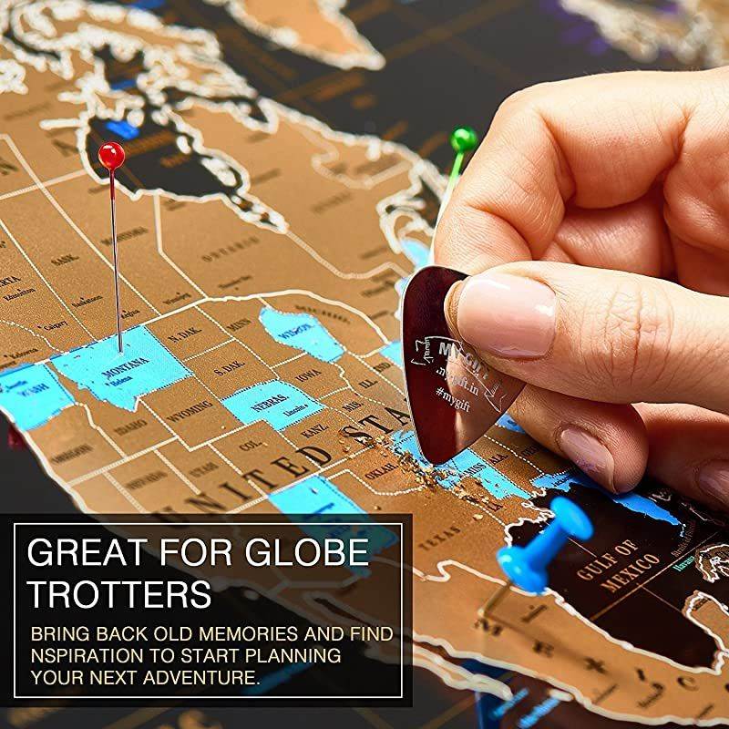 Scratch Off map 16x24 Black Gold Detailed USA States Deluxe Tracker Pin World Map  Travel map Wall Poster Push pin map Includes Pins Tube Poster Map to Scratch Wall Decor Birthday Gift IDea