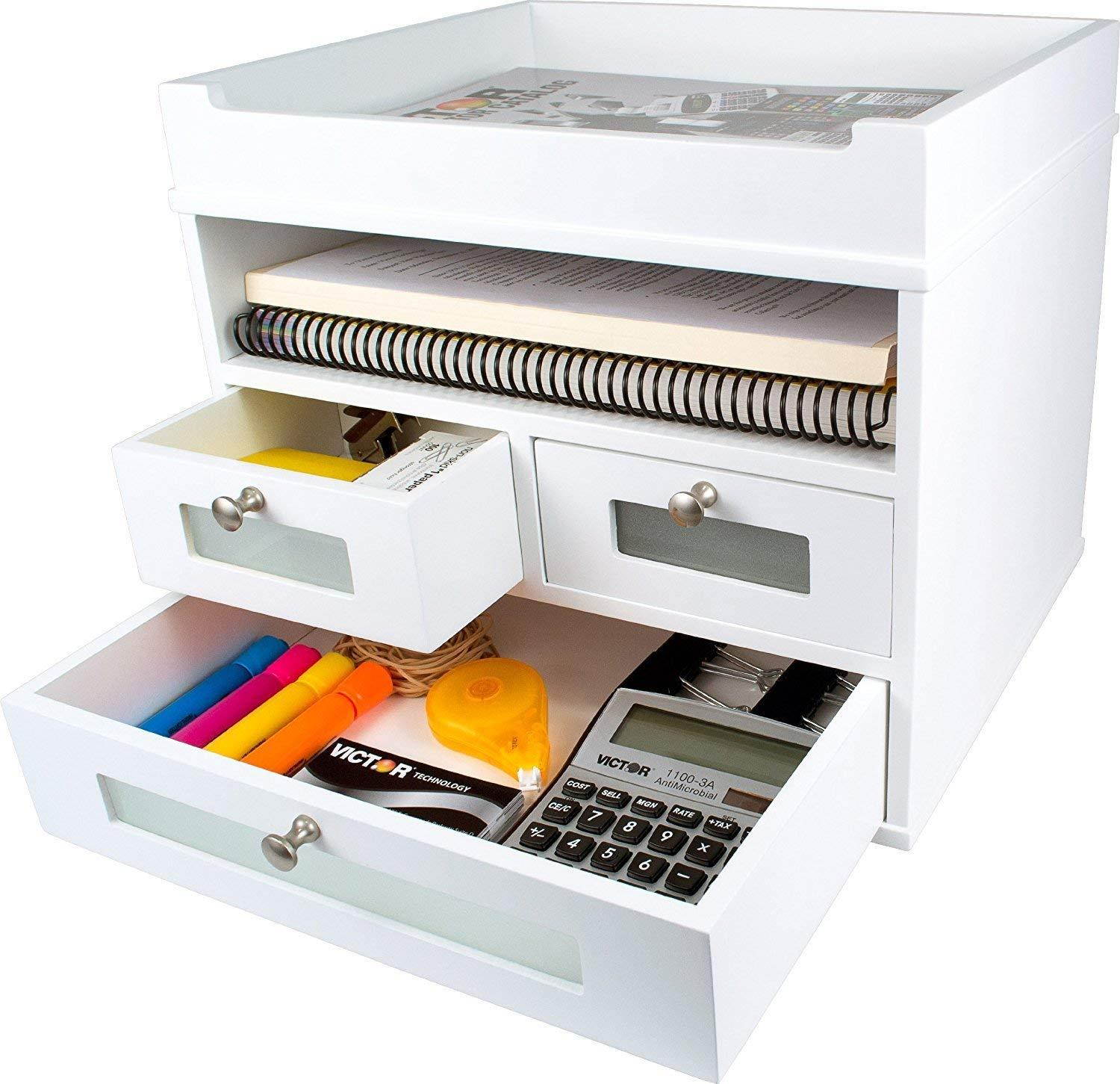 White Desk Organizer - Wooden Construction with Storage Drawers