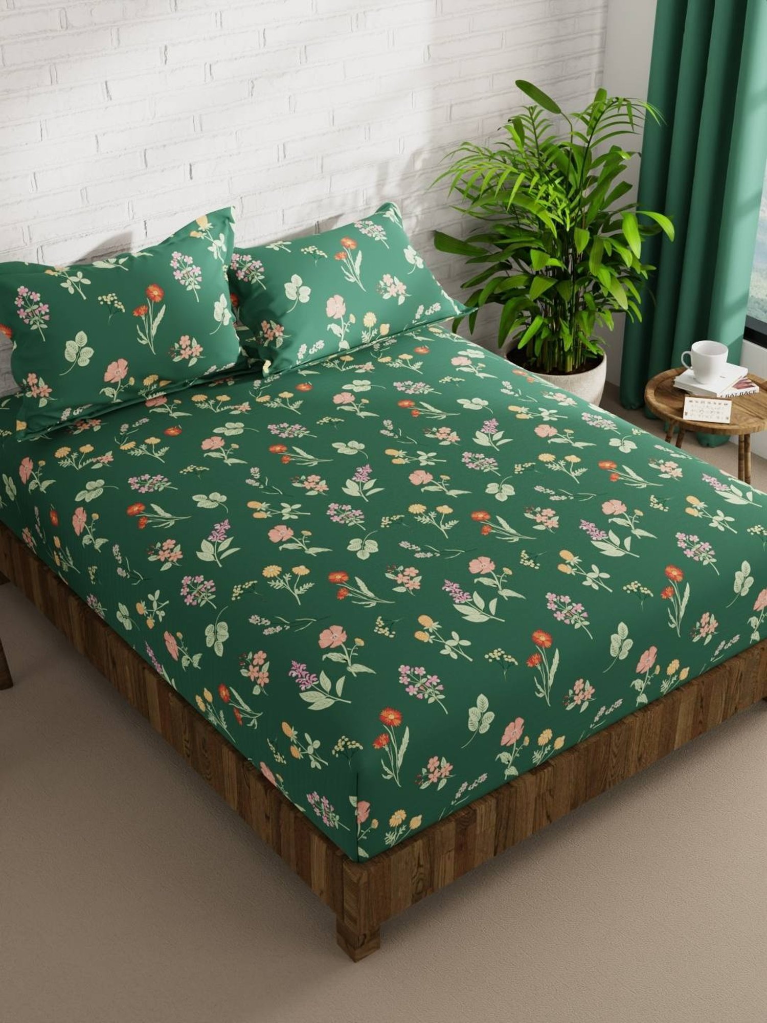 Bianca KOPA Extra Smooth Floral Fern Green 152 TC Microfiber Double Bedsheet with 2 Pillow Covers