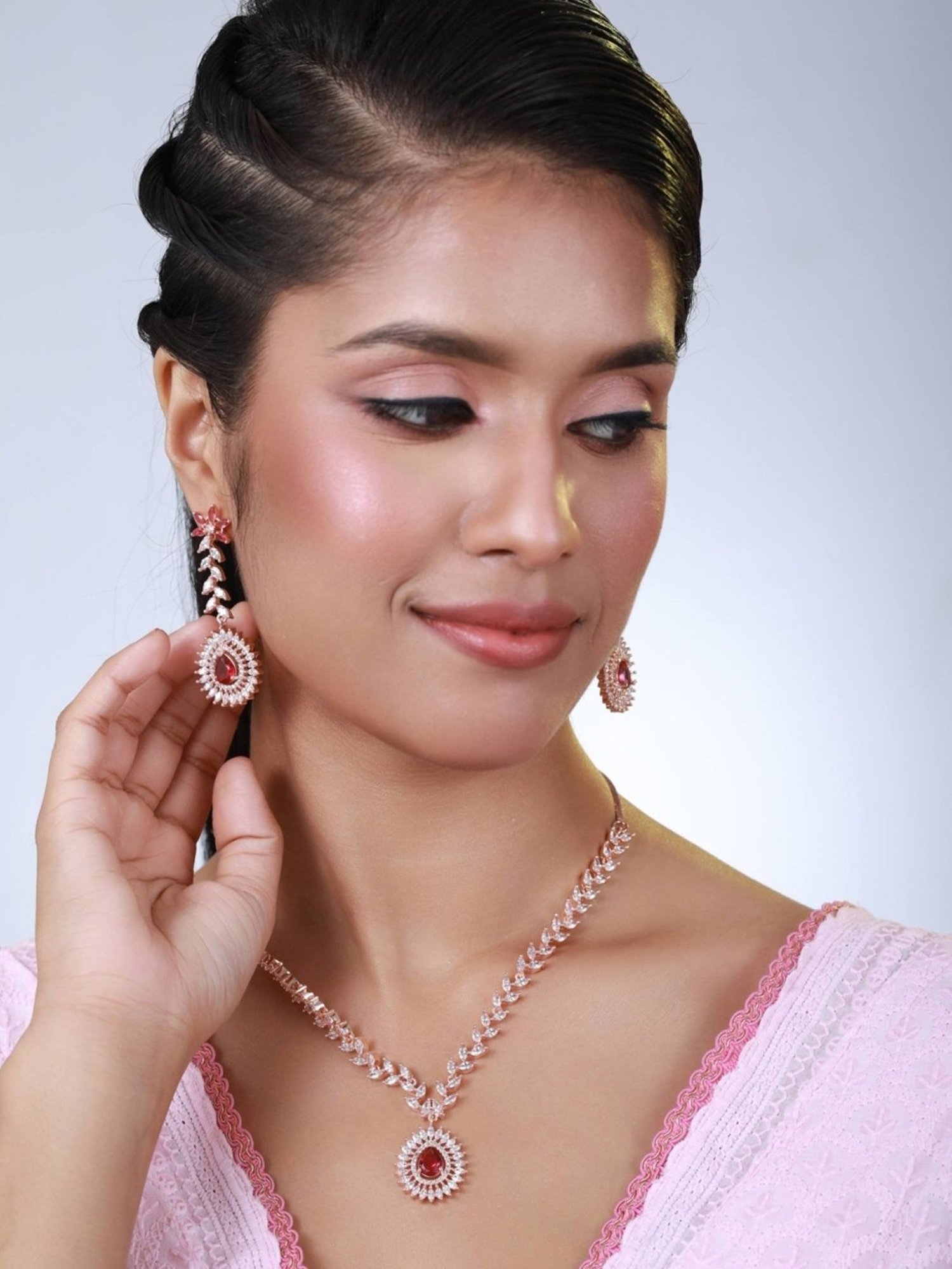 Aatmana Rose Gold-Plated Red & White AD & CZ Studded Handcrafted Necklace Set