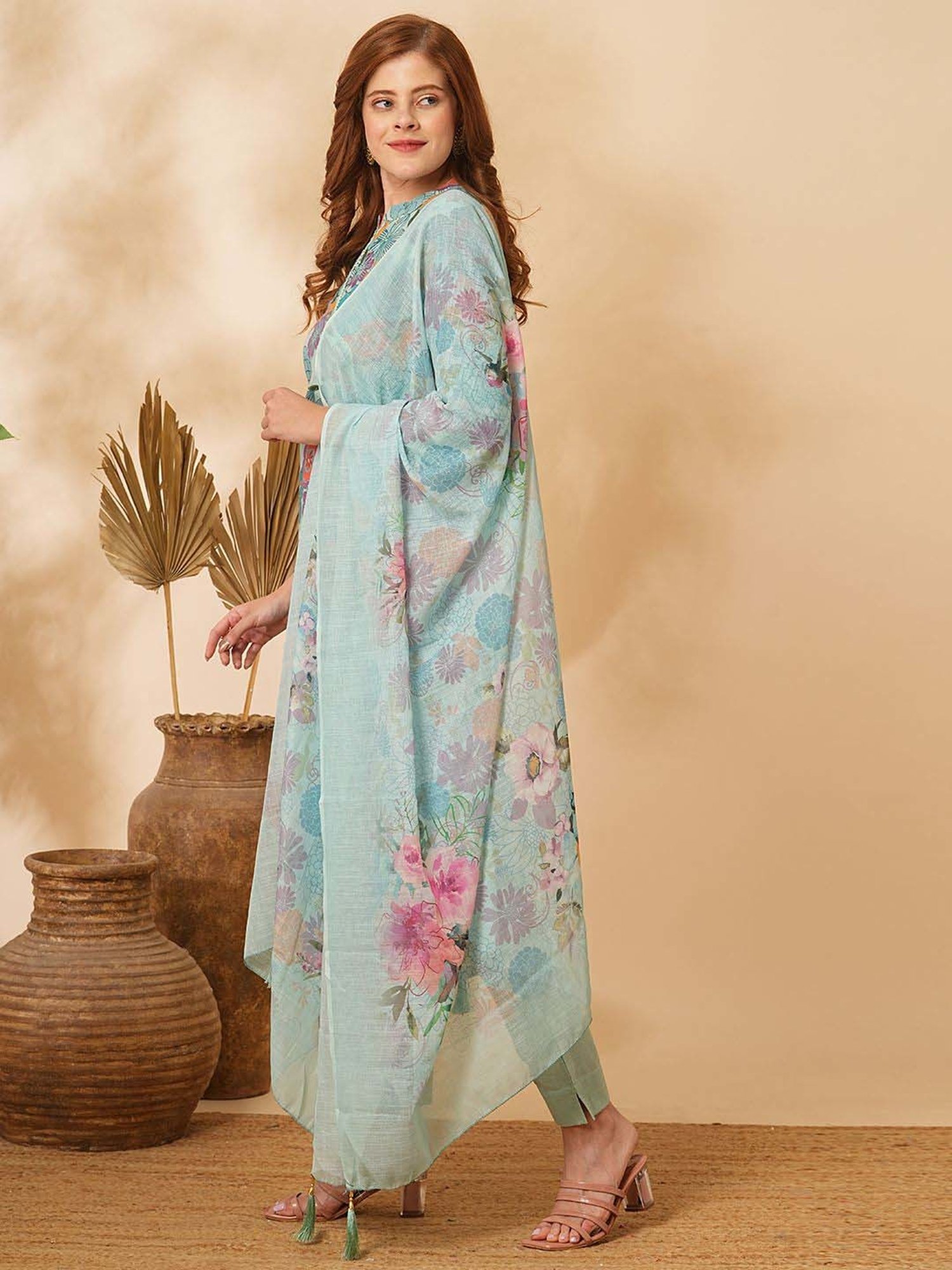 Fashor Mint Green Cotton Floral Print Kurta & Pant Set With Dupatta