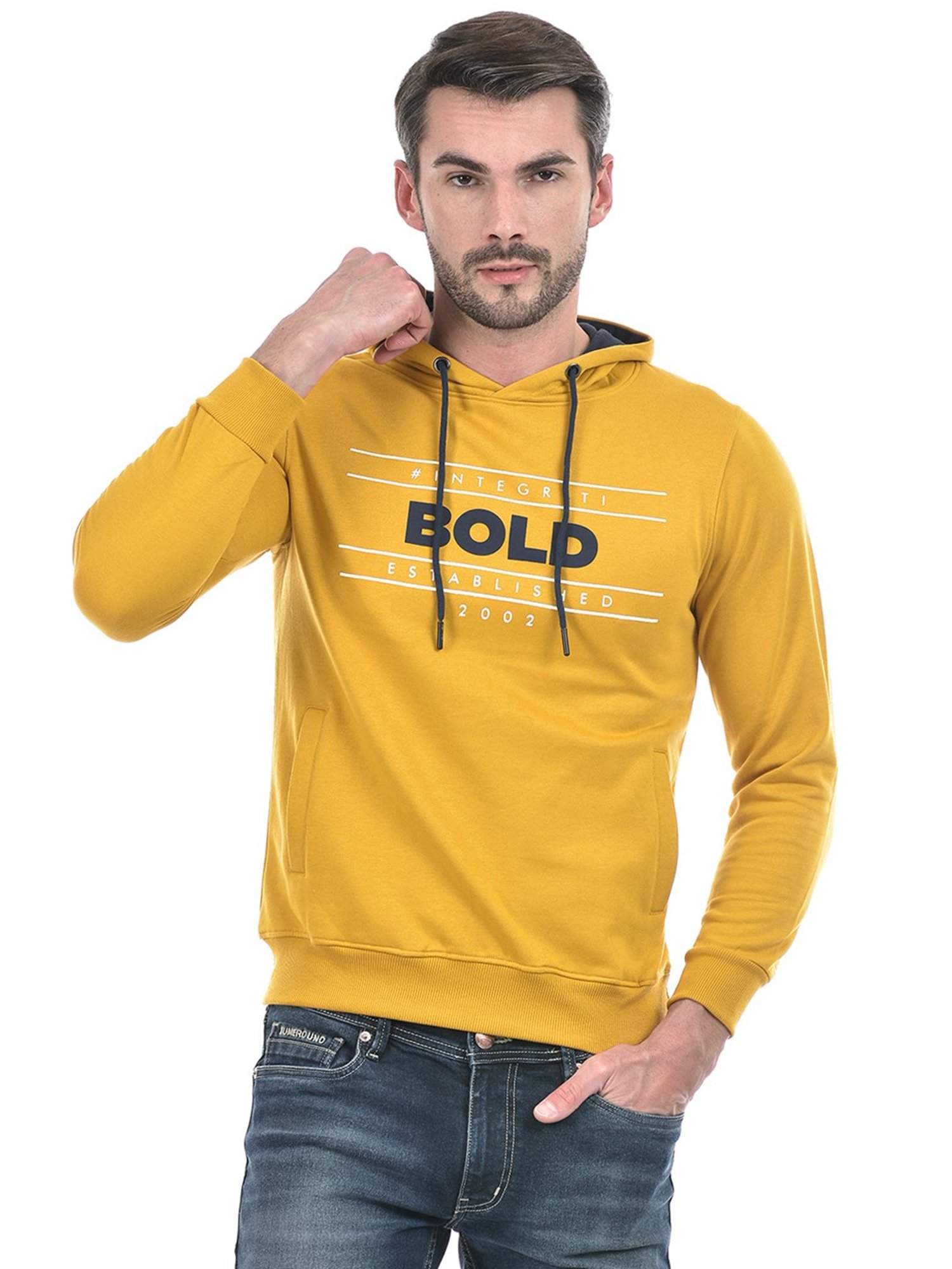 Integriti Mustard Regular Fit Printed Hooded Sweatshirt