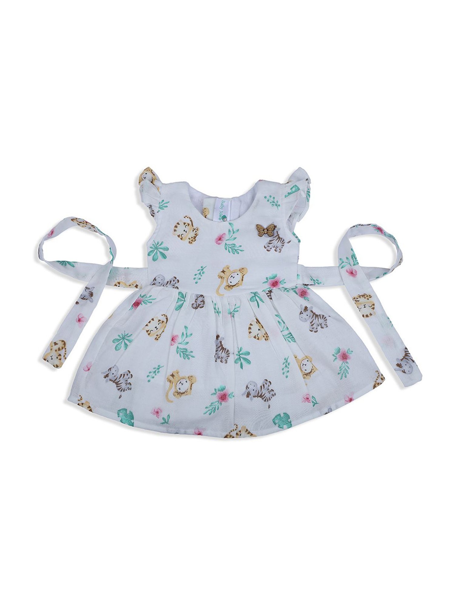 Baby Moo Kids White & Green Printed Dress