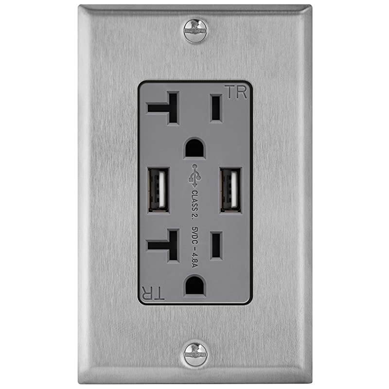 48A High Speed USB Outlet Wall Charger with Stainless Steel Decorator Wall Plate 24W 20A TamperResistant Receptacle UL Listed TU22048AGYWP7731 Gray