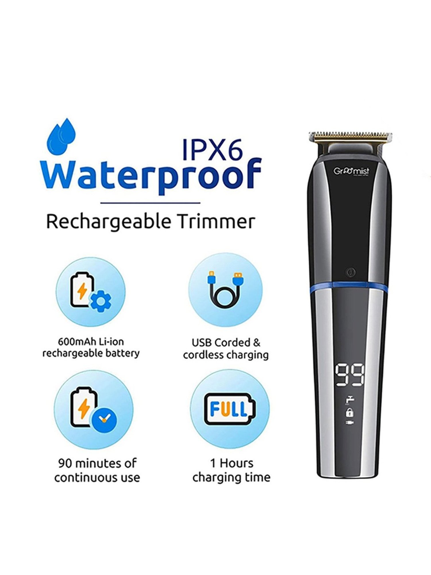 Groomiist CS-95 Copper Series IPX6 Cordless Hair & Beard Trimmer - 90 Min Runtime (Black and Chrome)