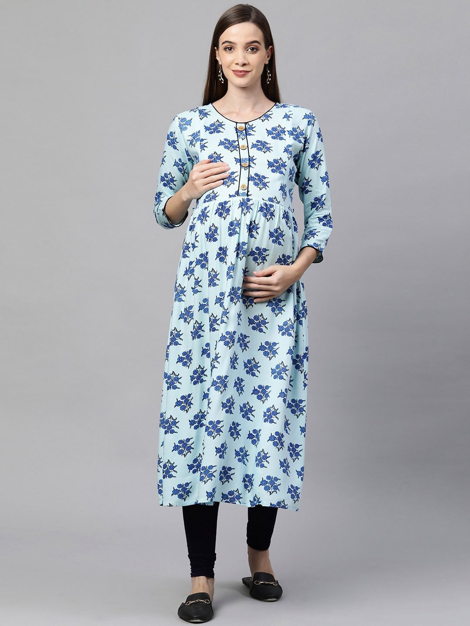 MomToBe Turquoise Printed Maternity Kurta