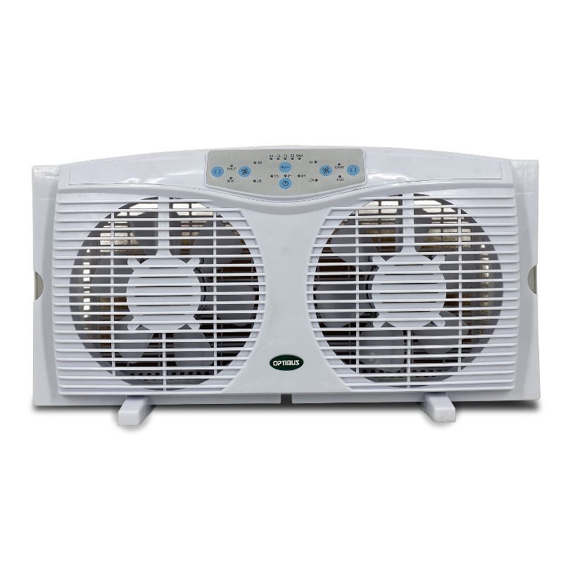 Optimus F-5286 Reversible 8 Inch Powerful 3 Speed Cool Air Home Twin Window Fan with Automatic Thermostat Control and LED Display, White