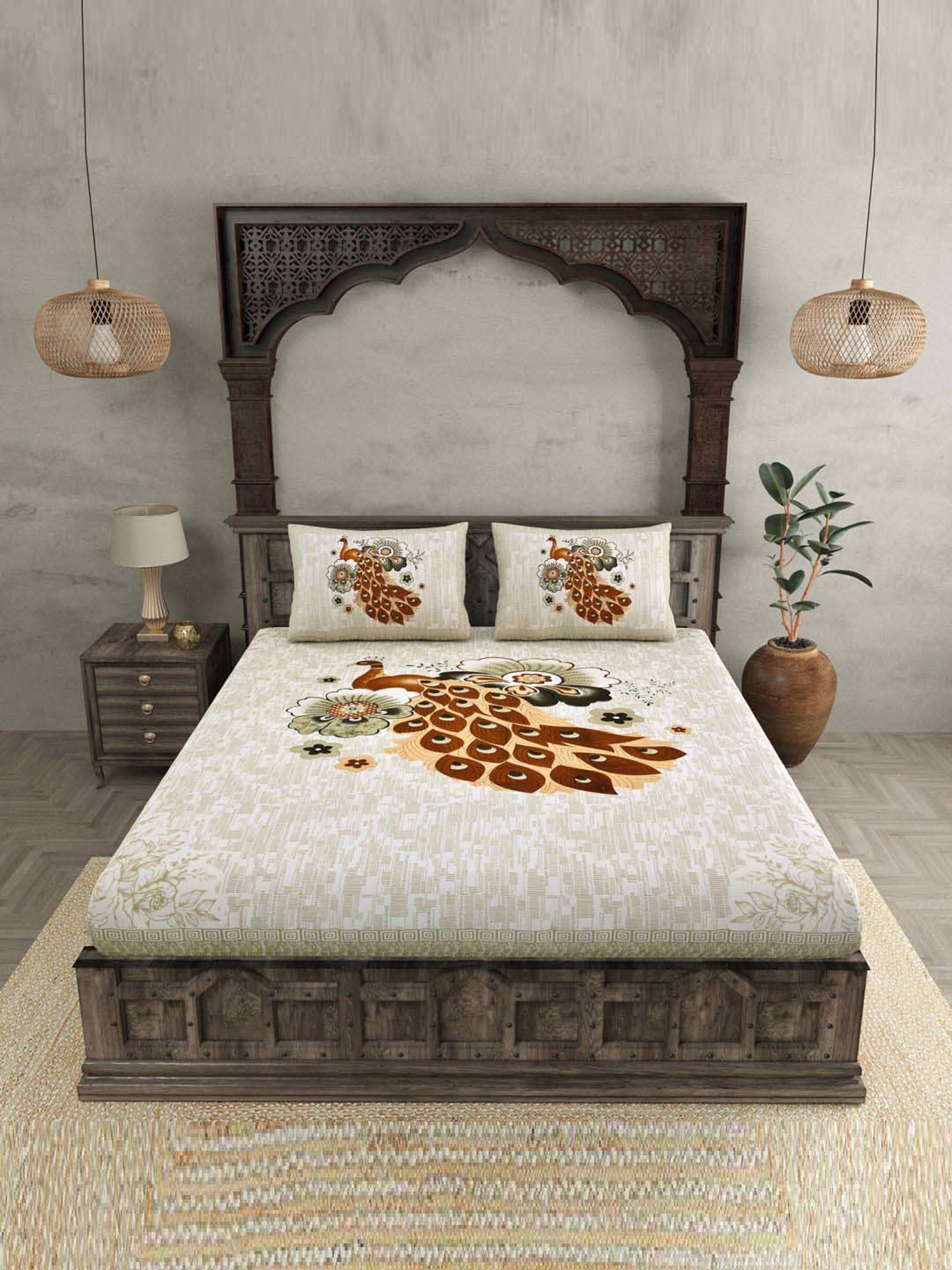 JaipurFabric Grey & Brown 180 TC 100% Cotton Peacock Double Bedsheet with 2 Pillow Covers