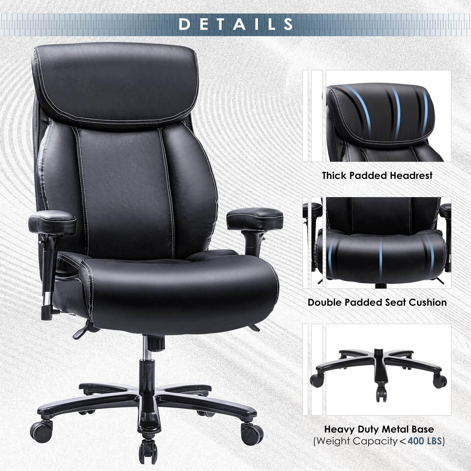 REFICCER Big & Tall 400lb Office Chair, Ergonomic Design Heavy-Duty Metal Base Thicken Padding High-Back Executive Desk Computer Task Chair