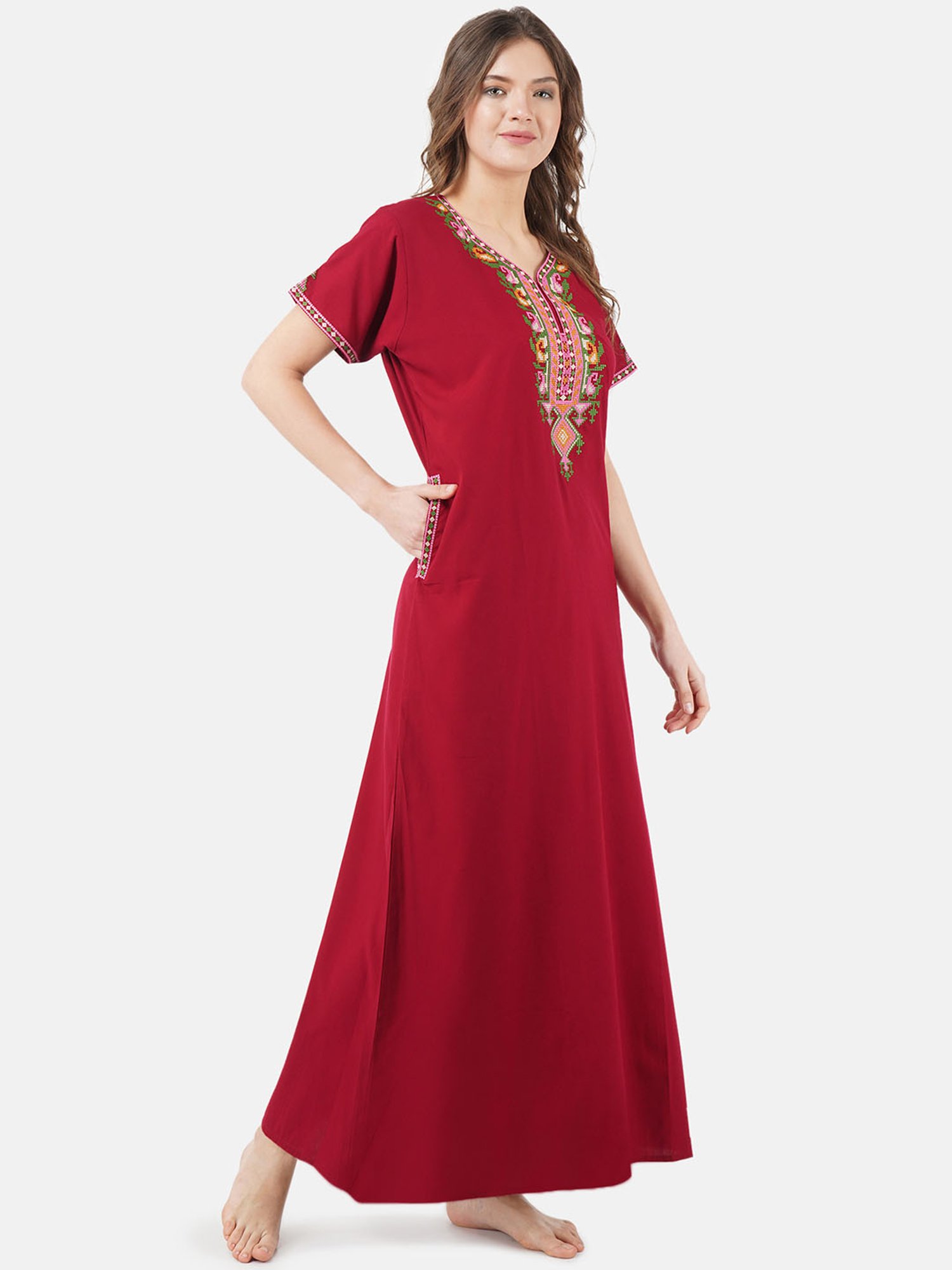 KOI SLEEPWEAR Maroon Embroidered Nighty