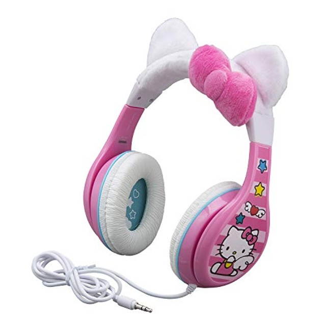 eKids Hello Kitty Headphones for Kids, Adjustable Headband, Stereo Sound, 3.5mm Jack, Wired Headphones with Volume Control, Designed for Fans of Hello Kitty Gifts