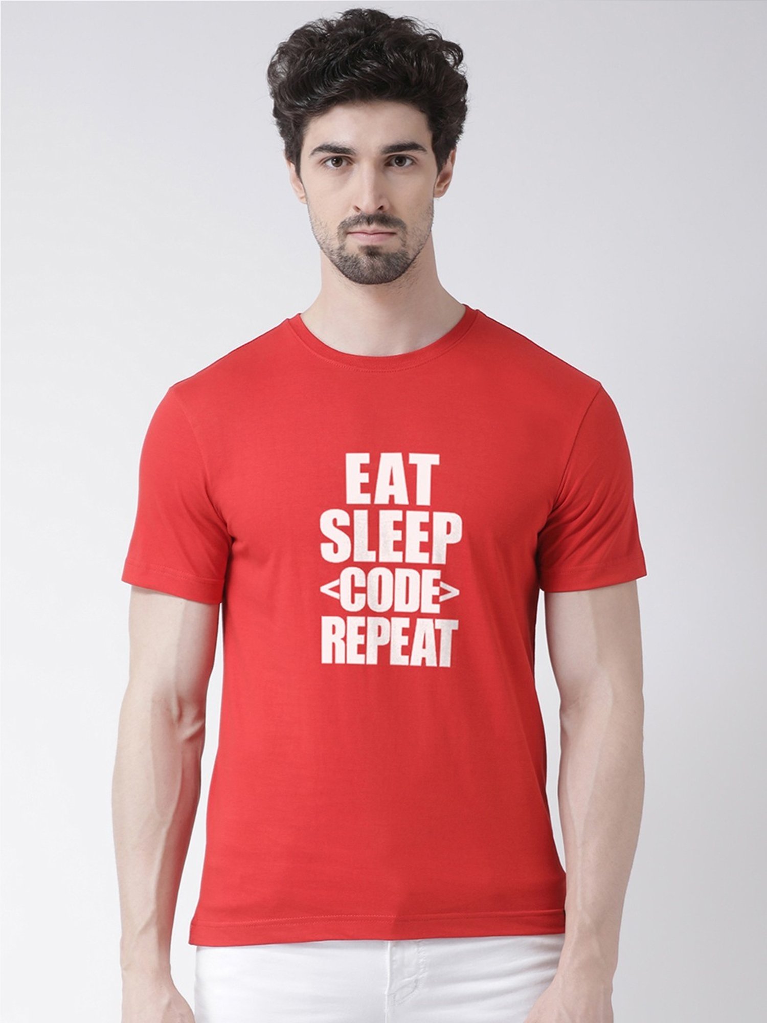 Friskers Red Cotton Slim Fit Printed T-Shirt