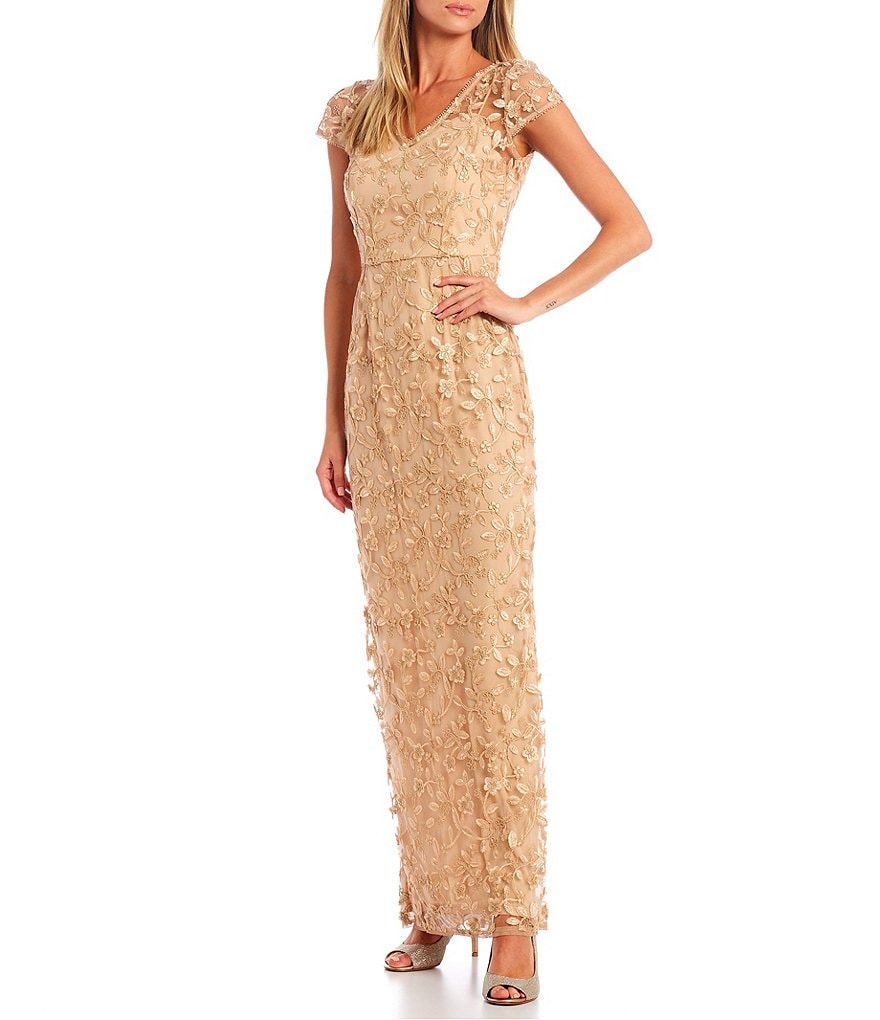 Adrianna Papell Metallic Cap Sleeve V-Neck Embroidered Column Gown