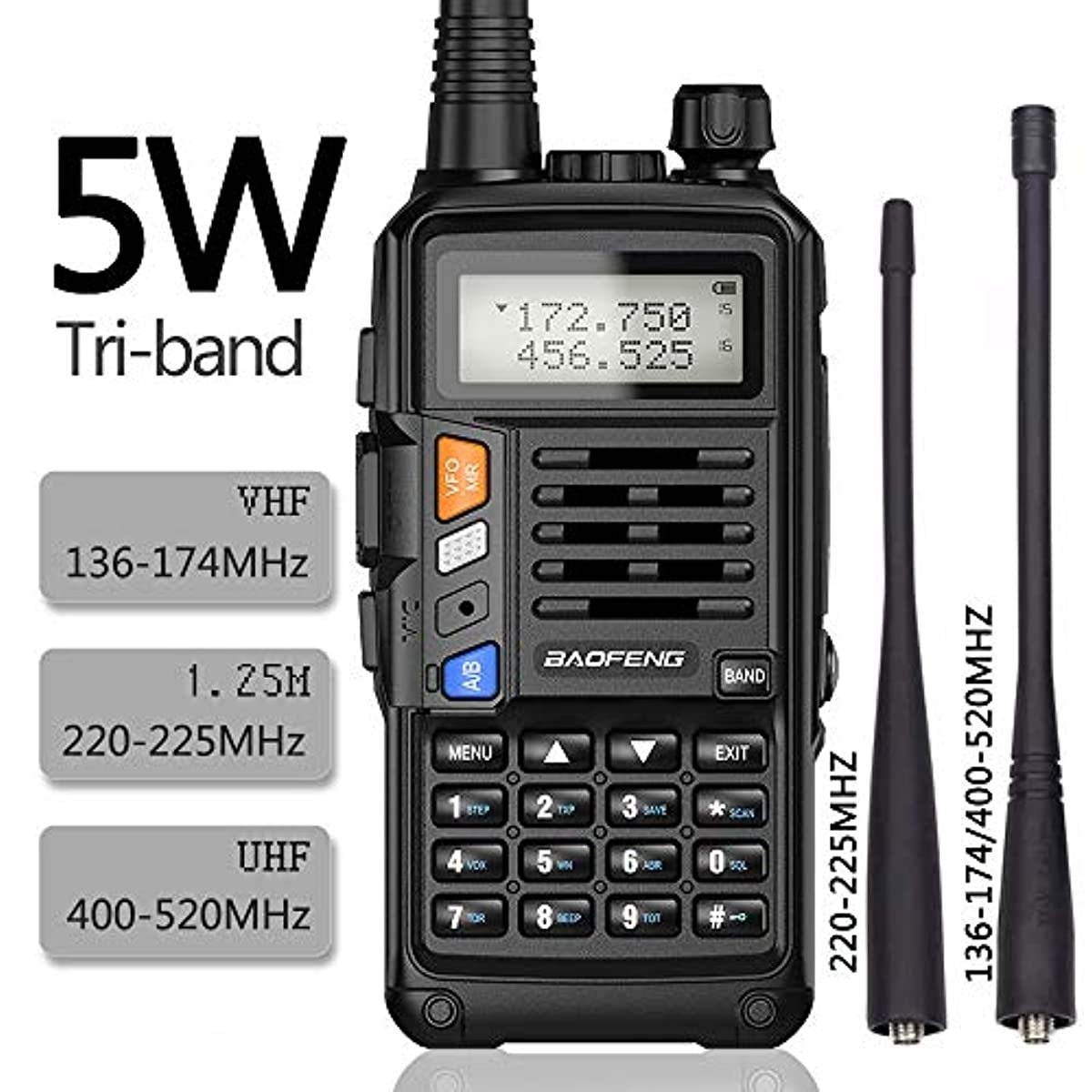 Baofeng UV-S9X3 5 Watt Tri-Band Radio : VHF, 1.25M, UHF, with 2200mAh Large Battery,Includes Dual Band Antenna, 220 Antenna, Earpiece, and More Amateur (Ham) Two-Way Radio&hellip; (Black)