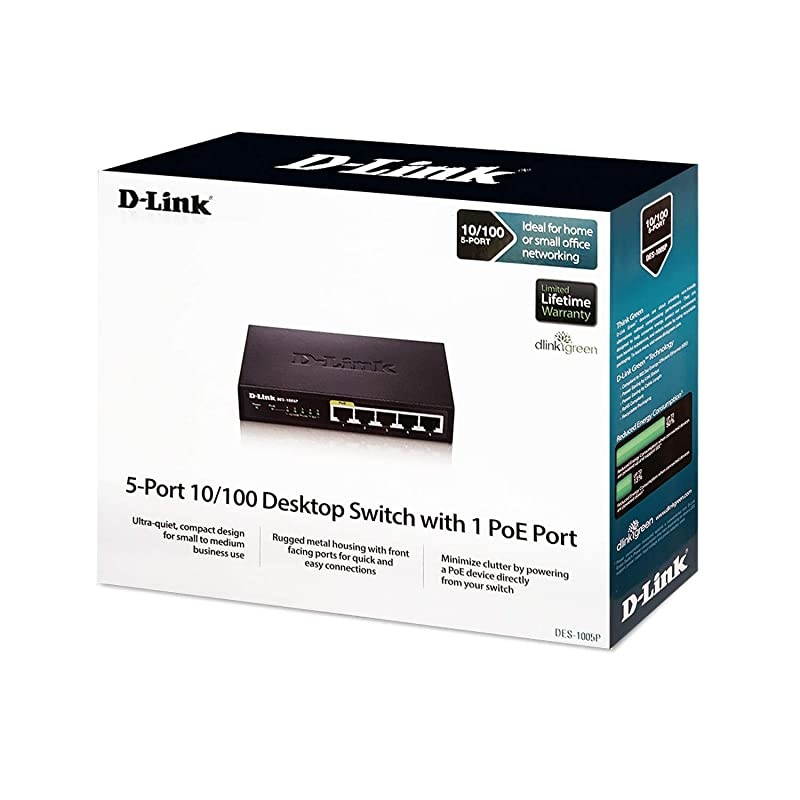 Ethernet PoE Switch, 5 Port Unmanaged with 4 PoE Ports Fanless Desktop or Wall Mount Plug and Play (DES-1005P), Black