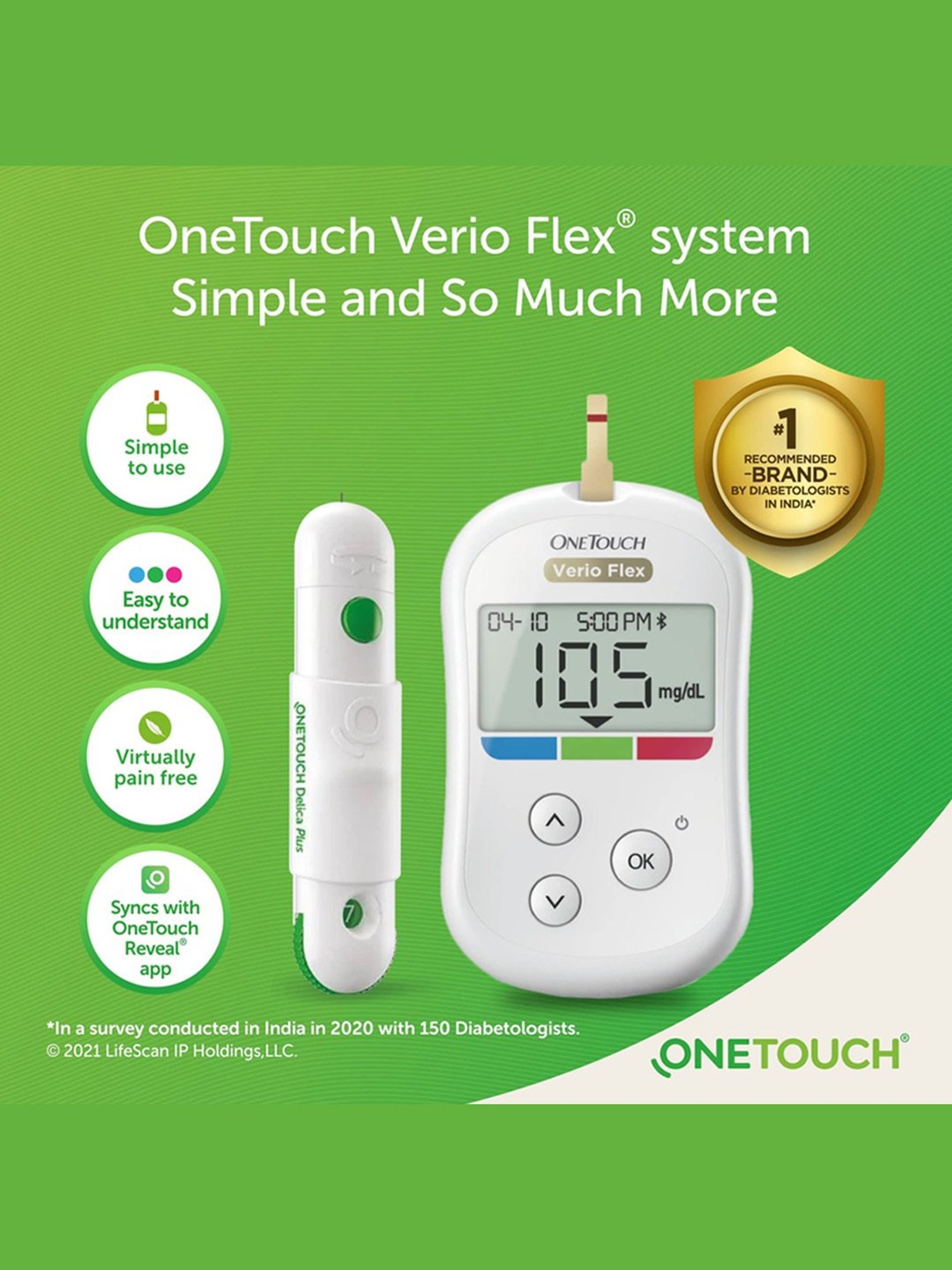 OneTouch Verio Flex glucometer combo with 50 Test Strips & 60 lancets |Syncs results with mobile app