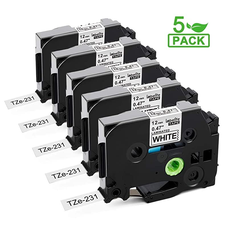 Compatible Label Tape Replacement for Brother P Touch TZe TZ Label Maker Tape TZe-231 TZe231 for Brother Ptouch PTD210 PTH110 PTD400 D600 Labeler, 12mm 0.47 Laminated Black on White, 5-Pack