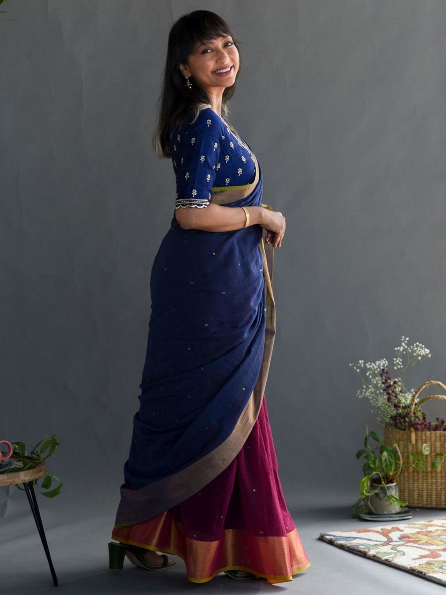 Suta Blue & Pink Cotton Embellished Saree Without Blouse