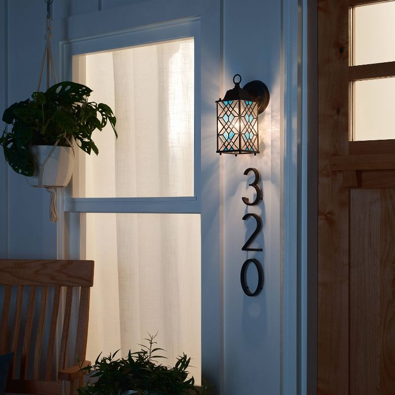 10.25" 1-Light Traditional Satin Outdoor Stained Glass Lantern Wall Sconce Black - River of Goods