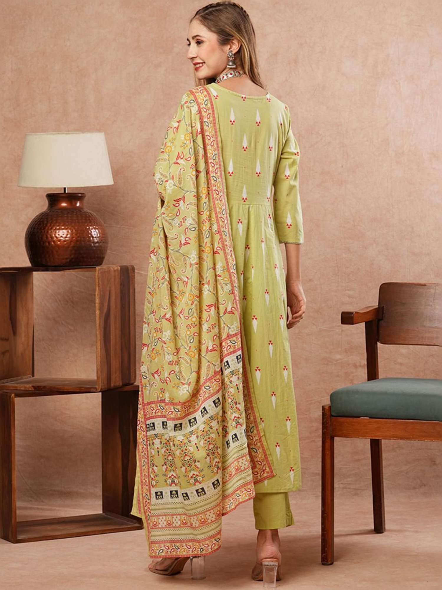 Fashor Green Cotton Printed Kurta Pant Set With Dupatta