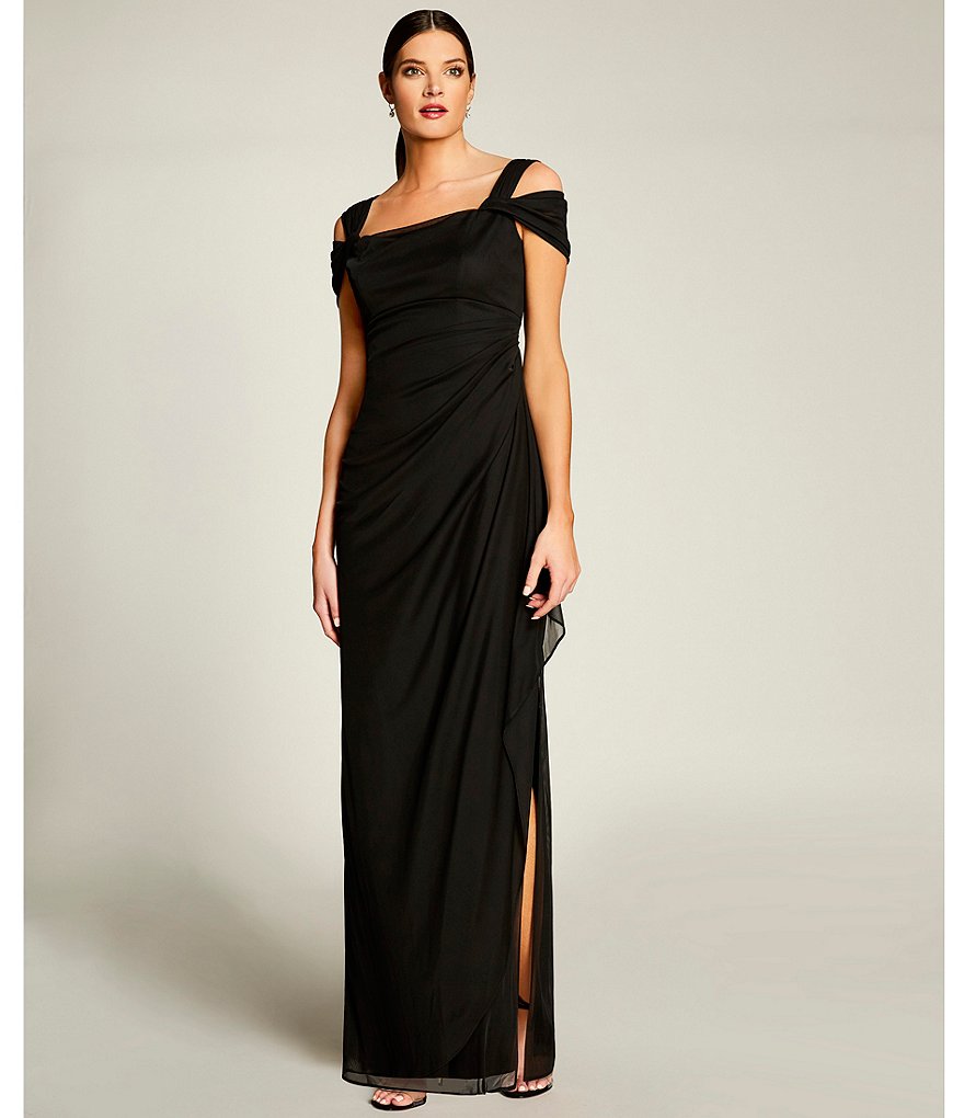 Alex Evenings Exposed-Shoulder Draped Cap-Sleeve Ruched Waterfall Hem Mesh Gown