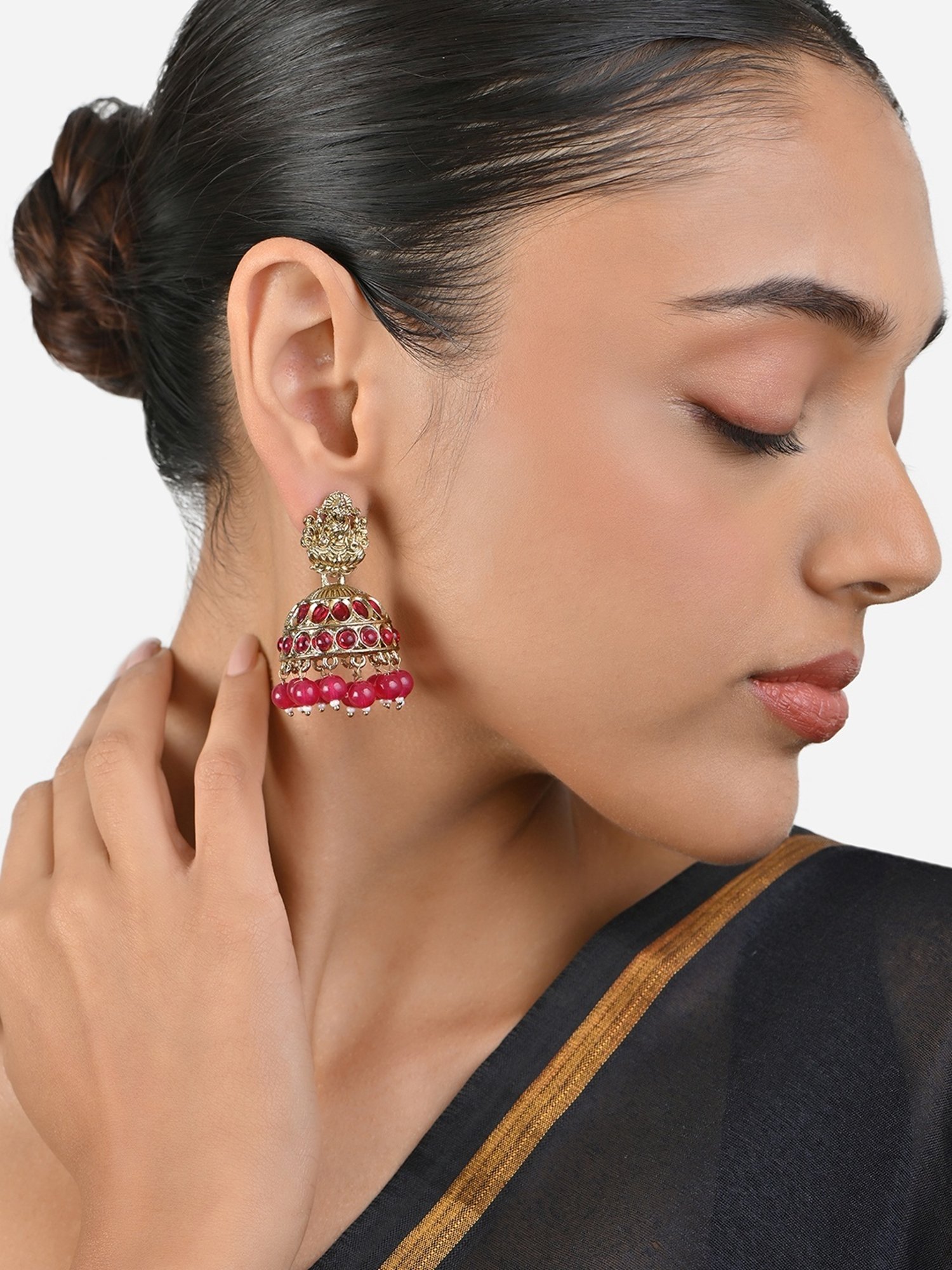 Fida Gold-Plated Lakshmi Embossed Fuchsia Temple Jhumki Earrings for Women & Girls