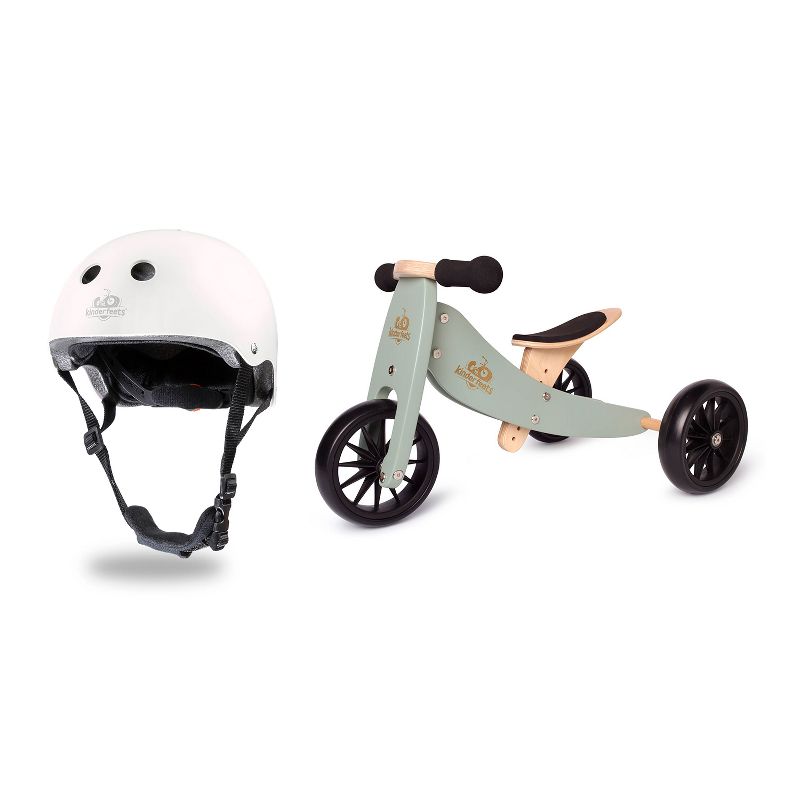 Kinderfeets White Adjustable Toddler and Kids Bike Helmet Bundle with Kinderfeets Sage GreenTiny Tot PLUS 2-in-1 Balance Trike Tricycle
