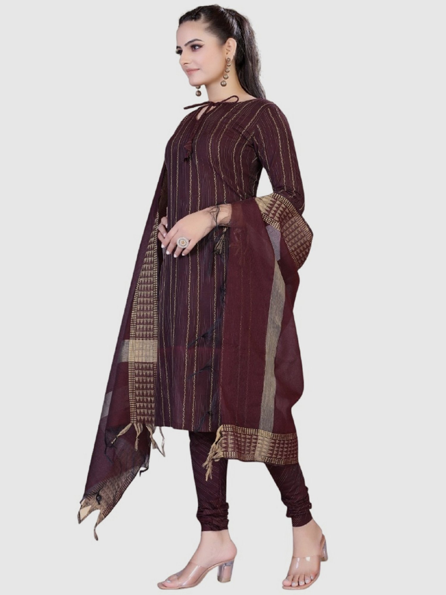 APNISHA Maroon Cotton Striped Unstitched Dress Material