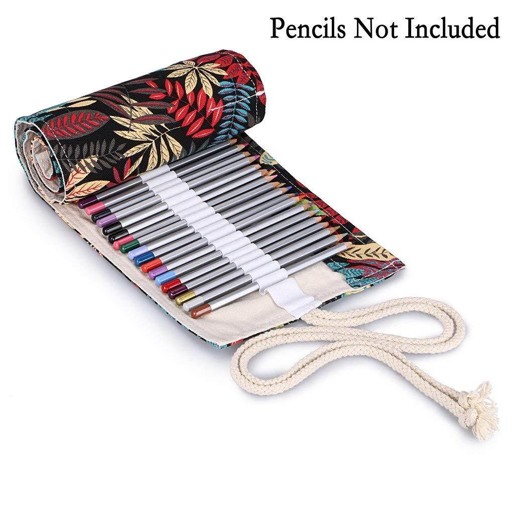 BTSKY Canvas Colored Pencil Wrap 72 Slot-Adult Coloring Pencil Holder Orgnizer for 72 Colored Pencils, NO Pencils (Leaf)