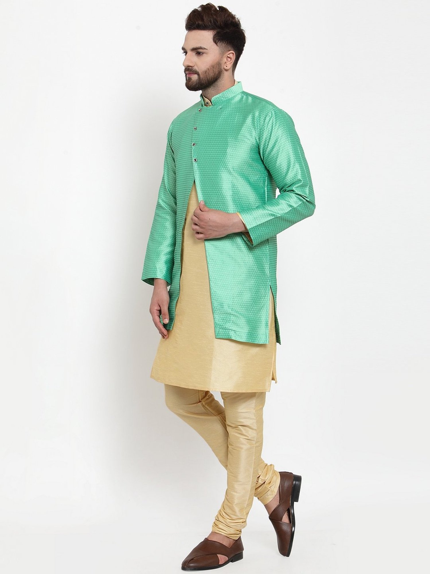 Benstoke Gold & Light Green Regular Fit Self Pattern Kurta Set With Jacket